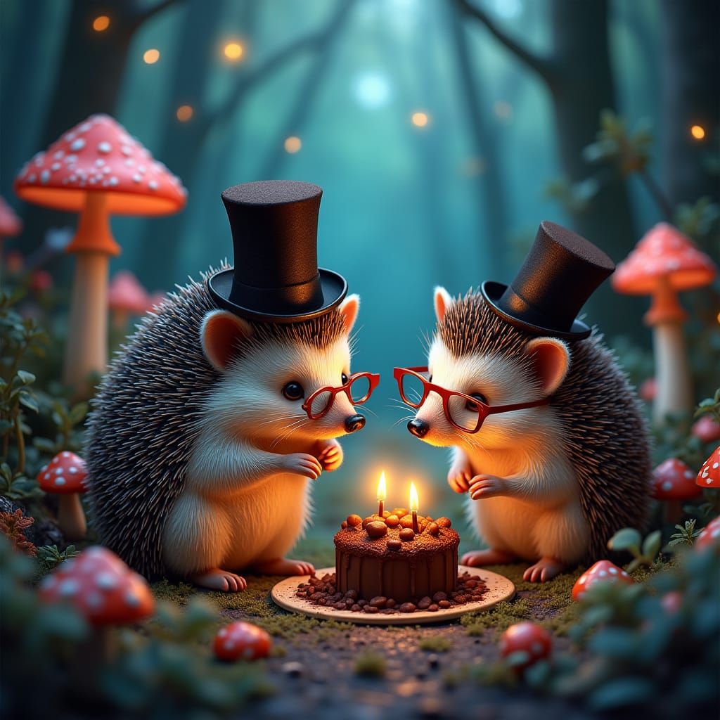 Hedgehogs Enjoying Chocolate Cake in Mystical Forest