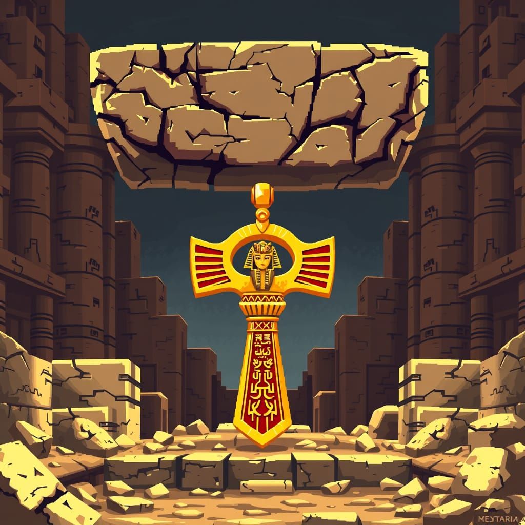 Golden Ankh in Ancient Ruins, 8-bit Style