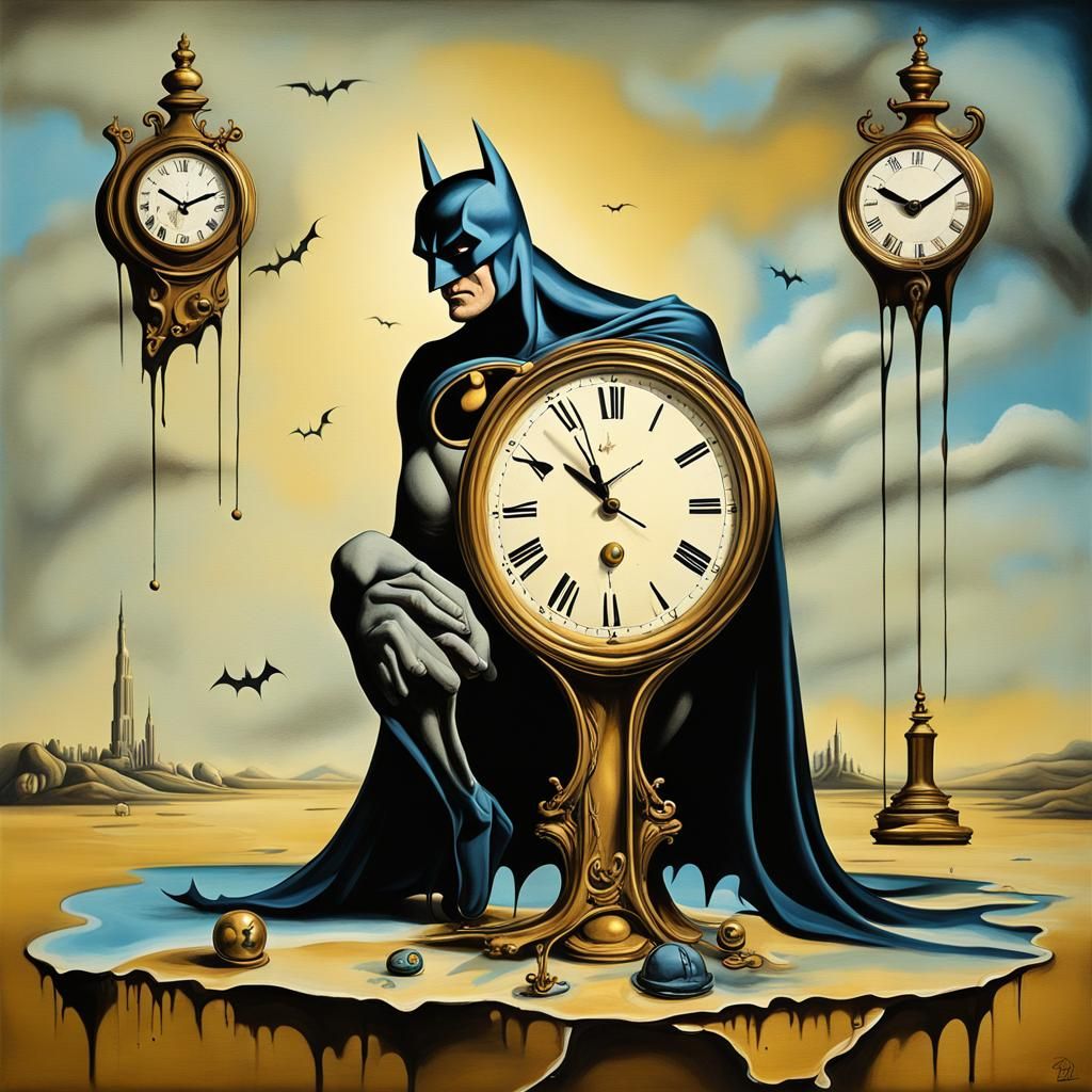 Batman in a Surrealist Dreamscape with Melting Clocks