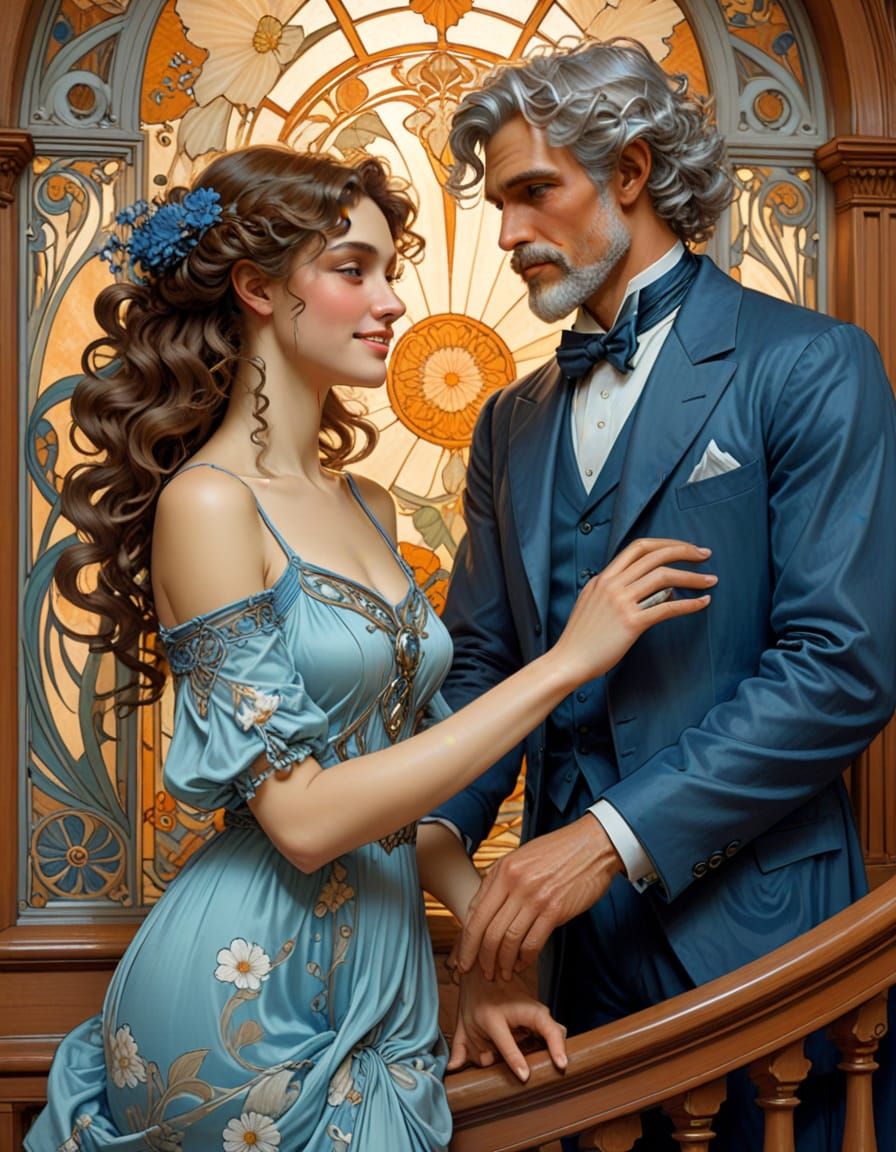 Woman in Blue Dress on Staircase, Oil Painting