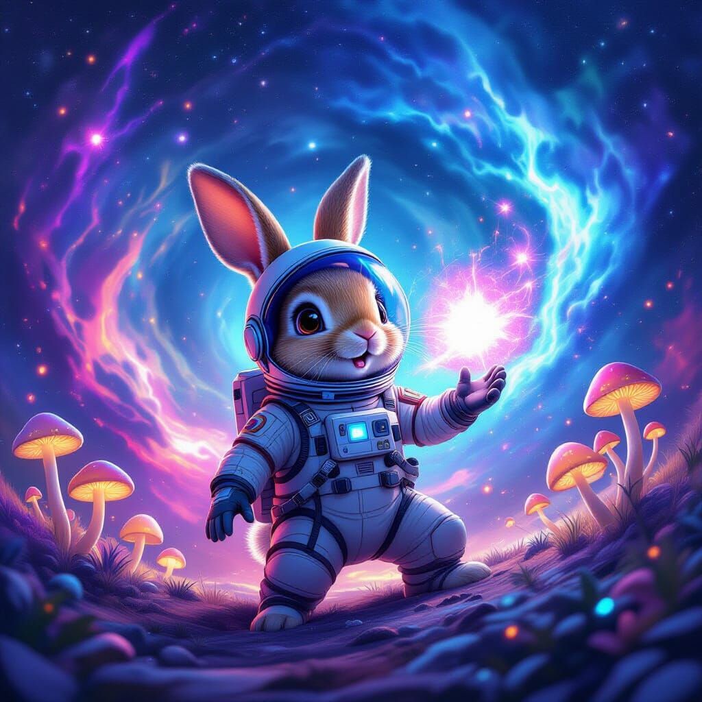 Rabbit in Spacesuit Activates Warp Drive Amidst Nebula