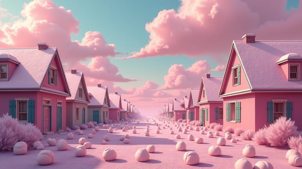 Pink Townscape with Marshmallow Rain in Pop Surrealist Style