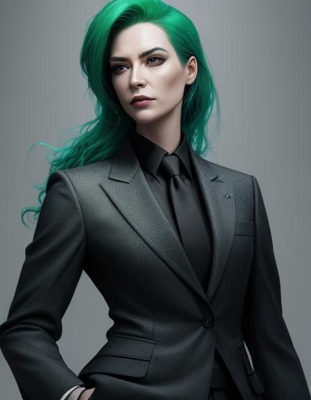 Green-Haired Human in Business Suit: Hyper-Realistic Art