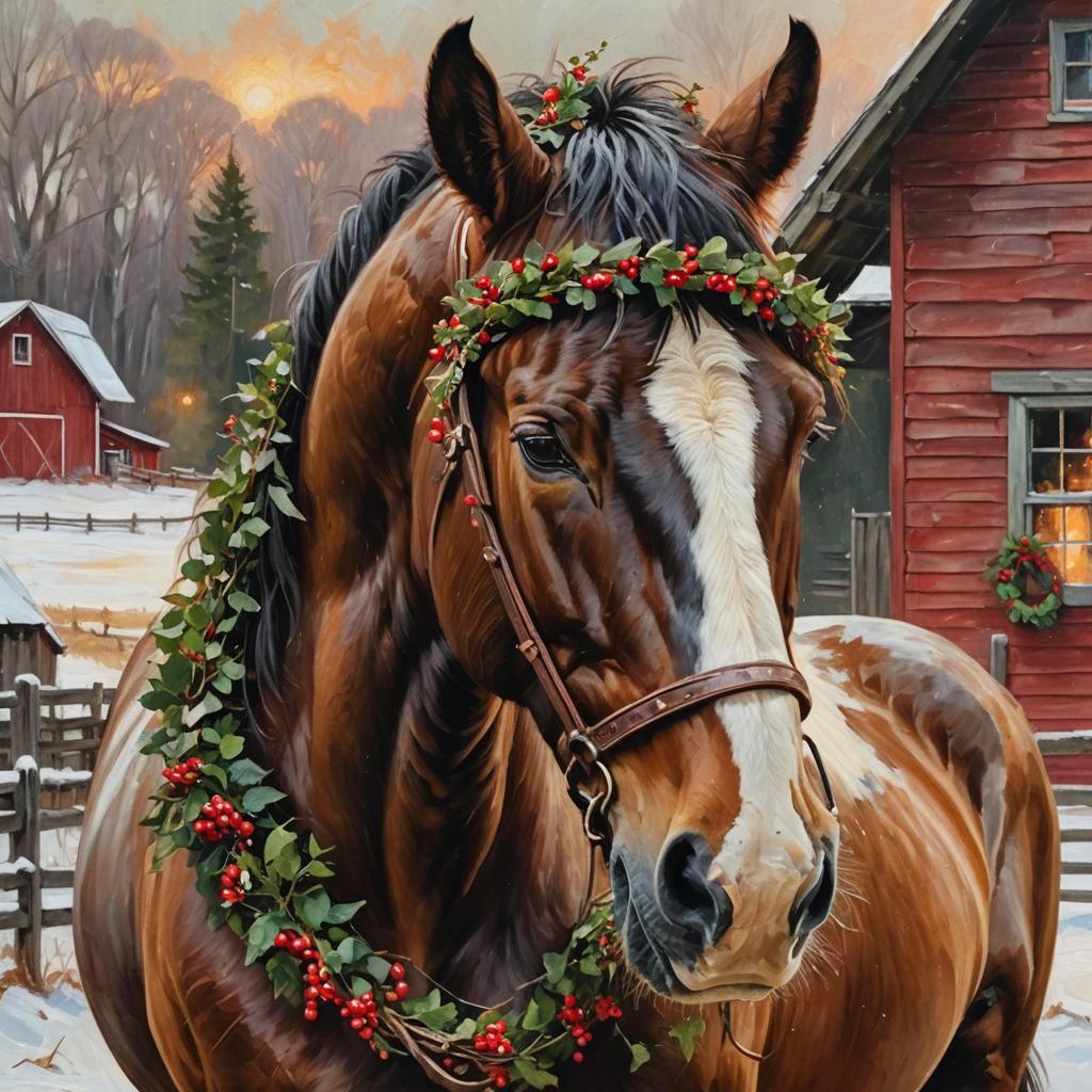 Clydesdale Horse Portrait with Berry Wreath as Impasto Paint...