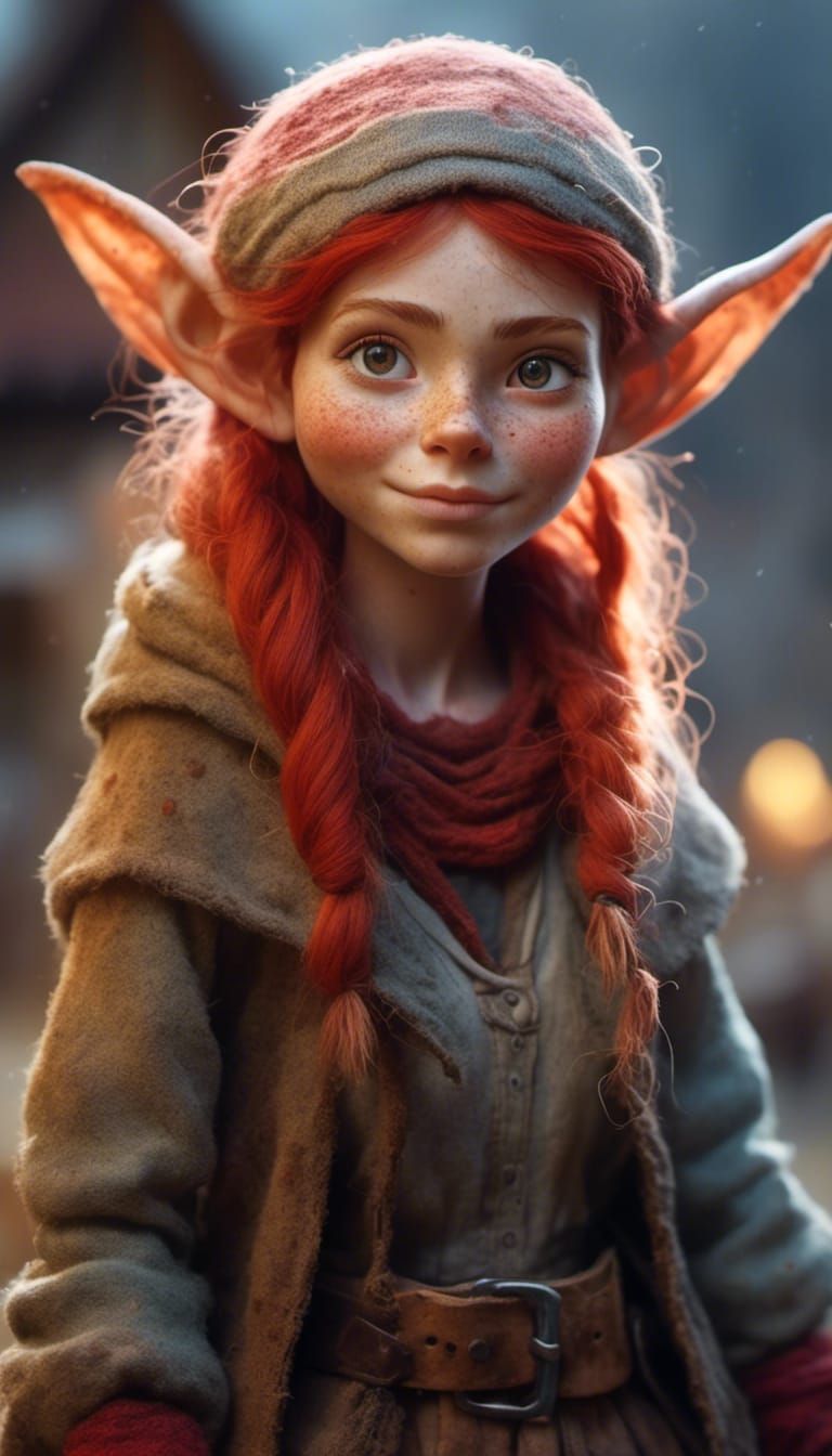 Hyperrealistic Female Gnome Portrait with Red Hair