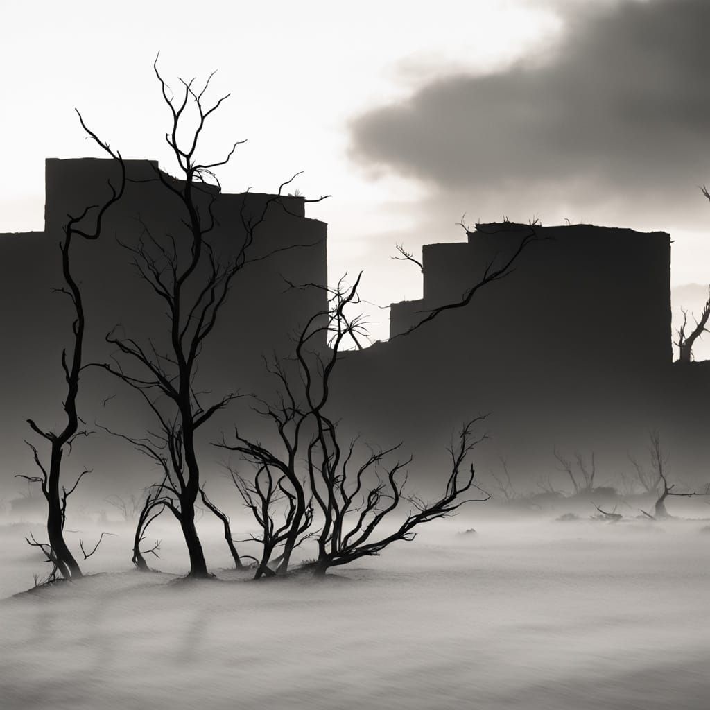 Gloomy Amber Twilight: Barren Landscape with Twisted Branche...