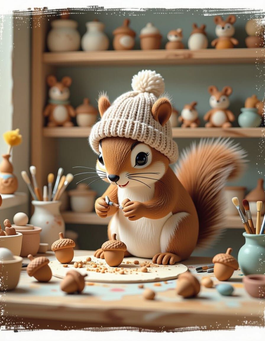 Squirrel Sculpting Acorns on Messy Artist Table