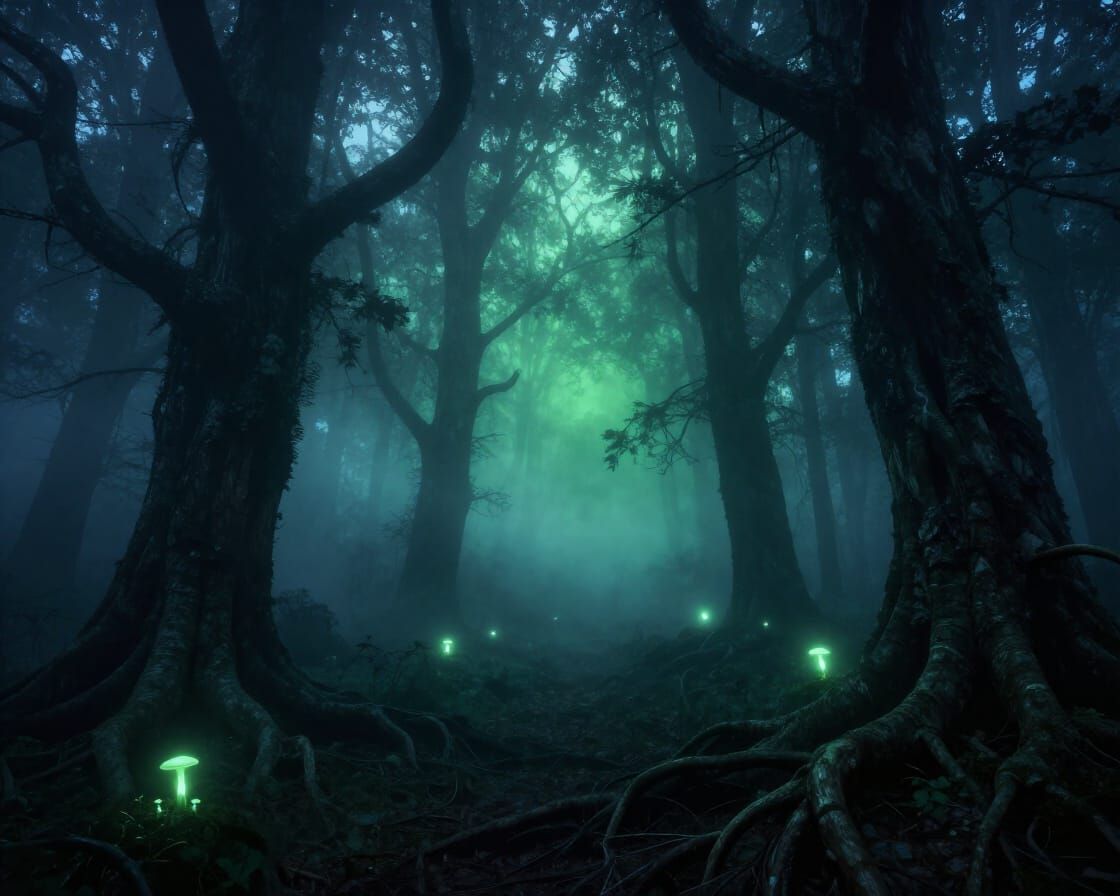 Mystical Forest Entrance in Ethereal Mist