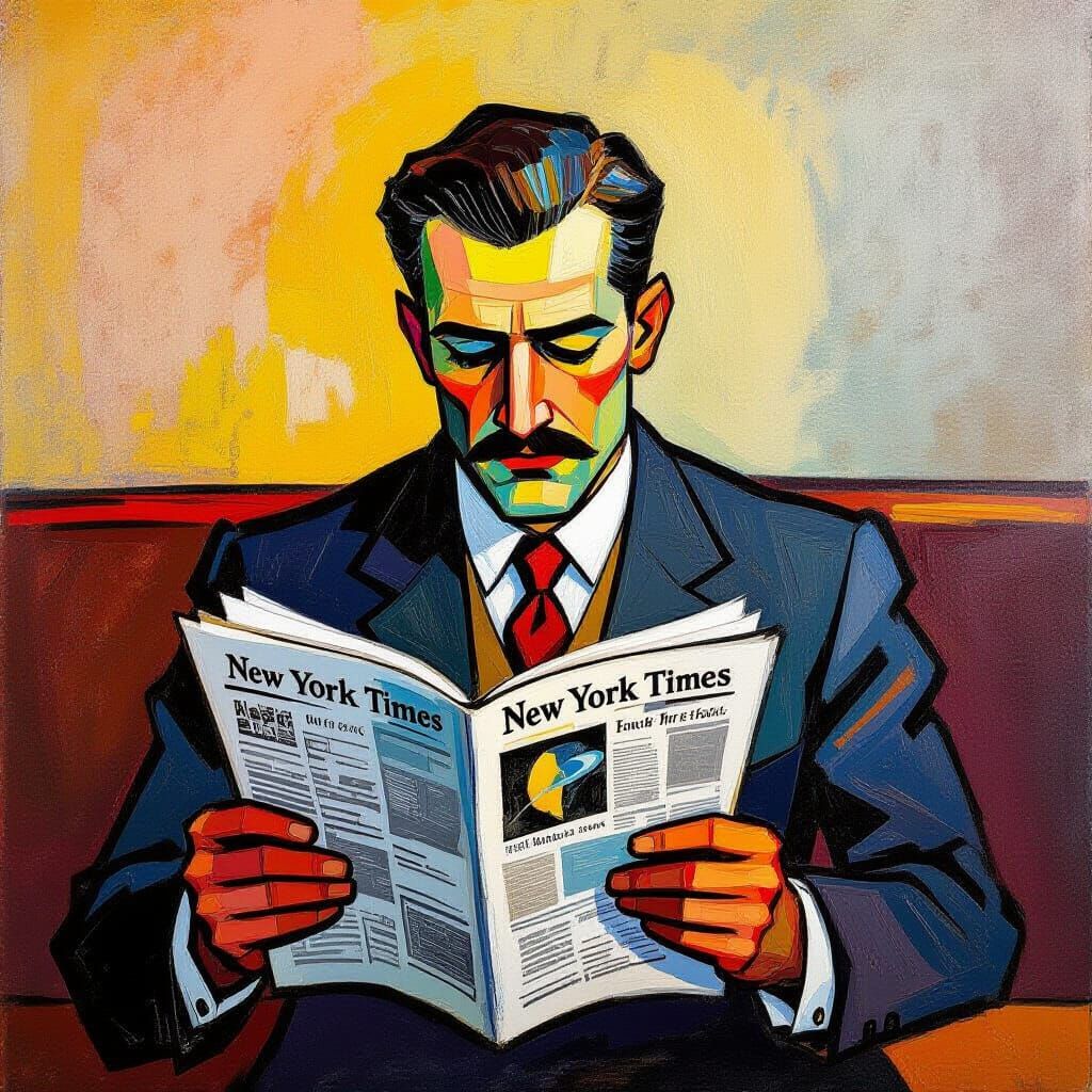 Man Reads Sputnik Report in Neo-Impressionist Style
