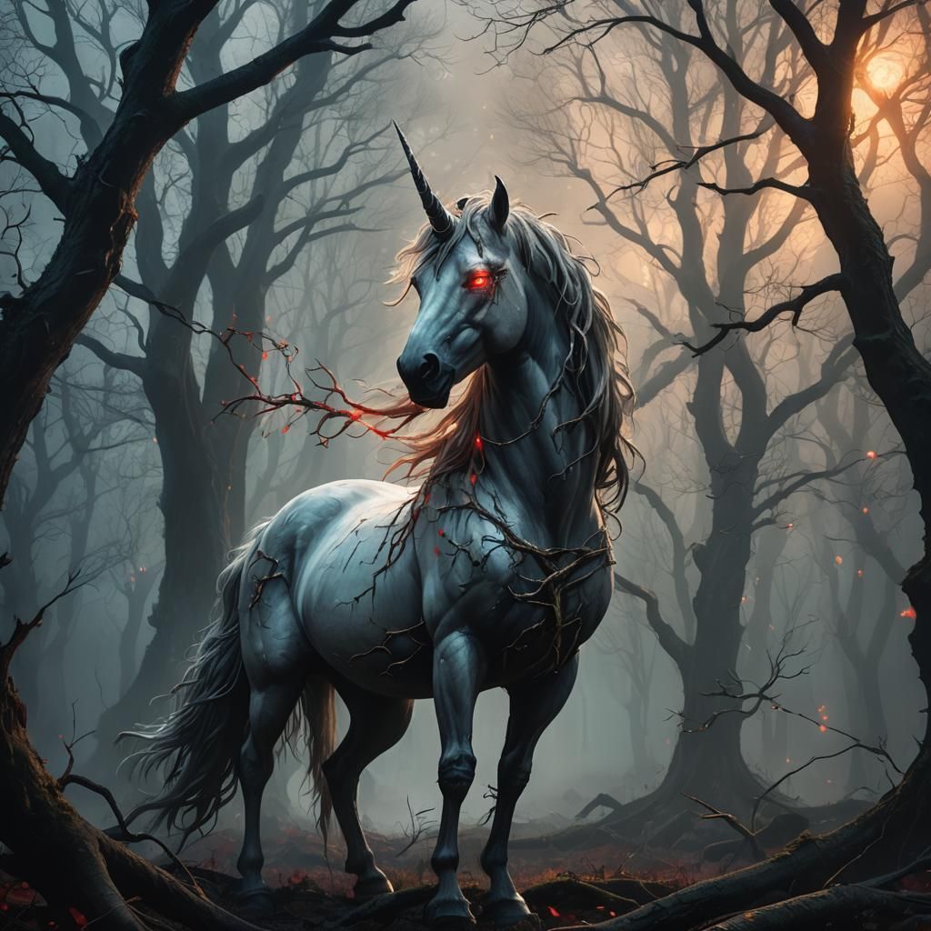 Unicorn with Glowing Eyes in Dark Fantasy Forest