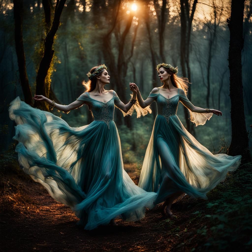 Ethereal Elves Dancing at Twilight in Hyperrealistic Style