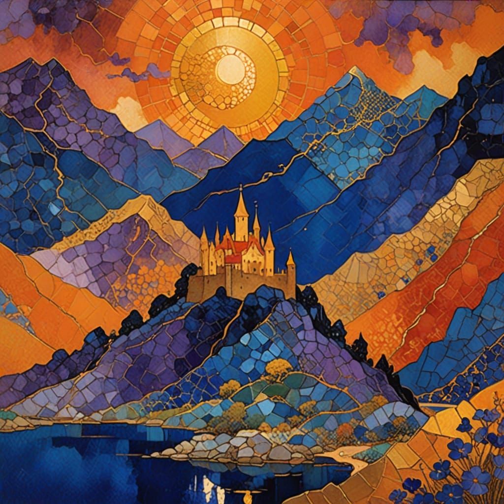 Sunset Over Mountains and Castle in Kintsugi Mosaic Style