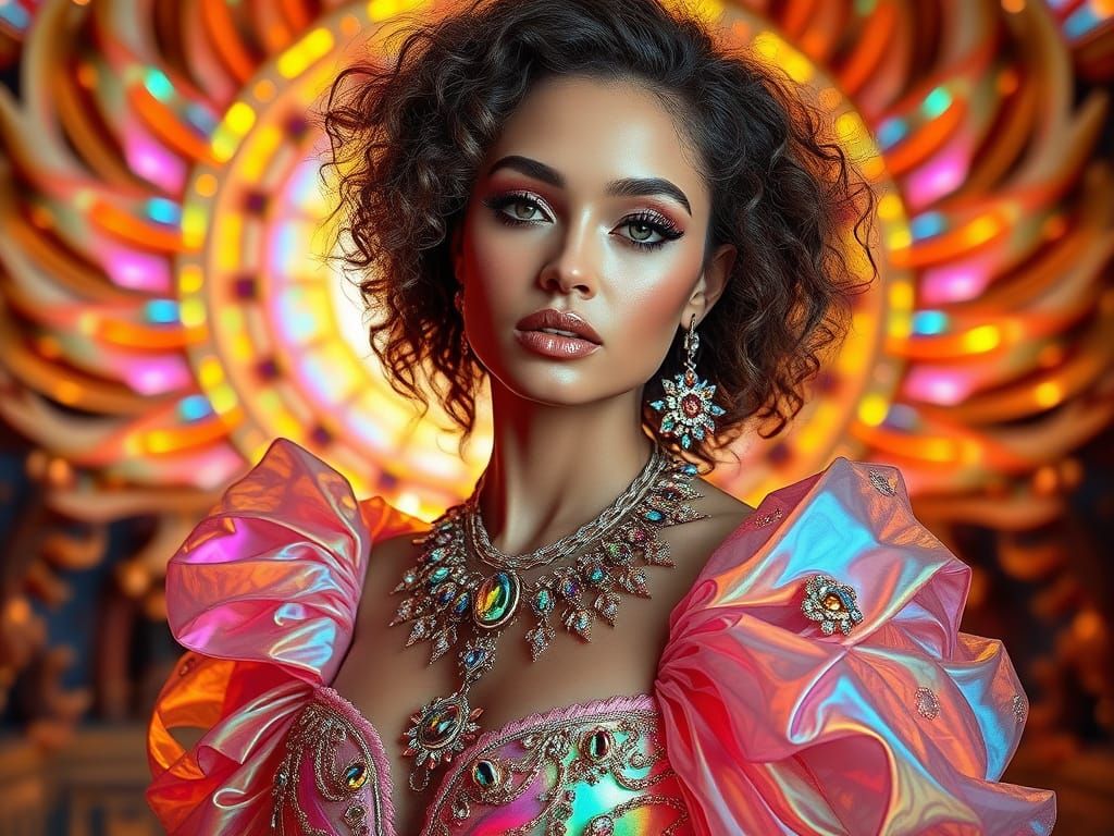 Surreal Goddess in Glowing, Iridescent Gown with Futuristic ...