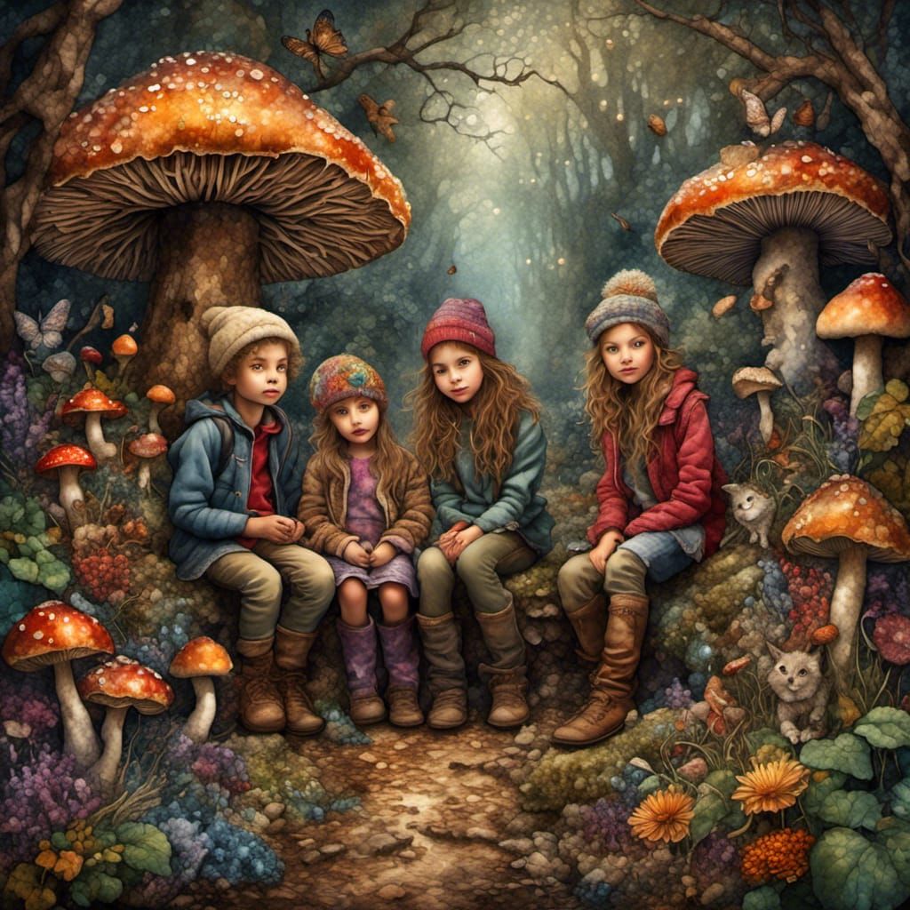 Magical Forest Scene with Children, Fairies and Mushrooms
