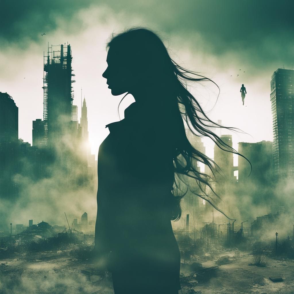 Double Exposure: Girl and Post-Apocalyptic Landscape