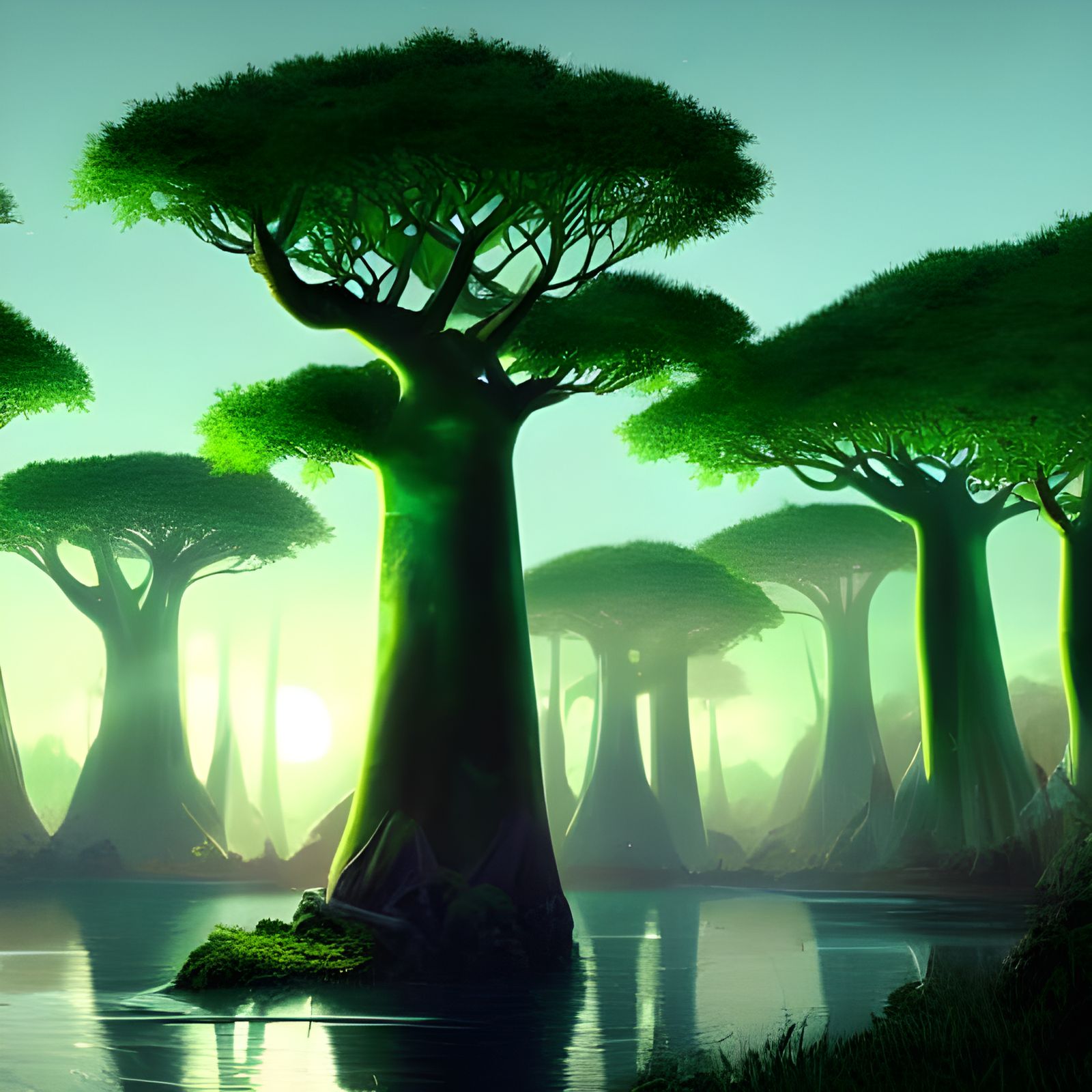 Glowing Baobabs in Mangrove Forest at Sunset