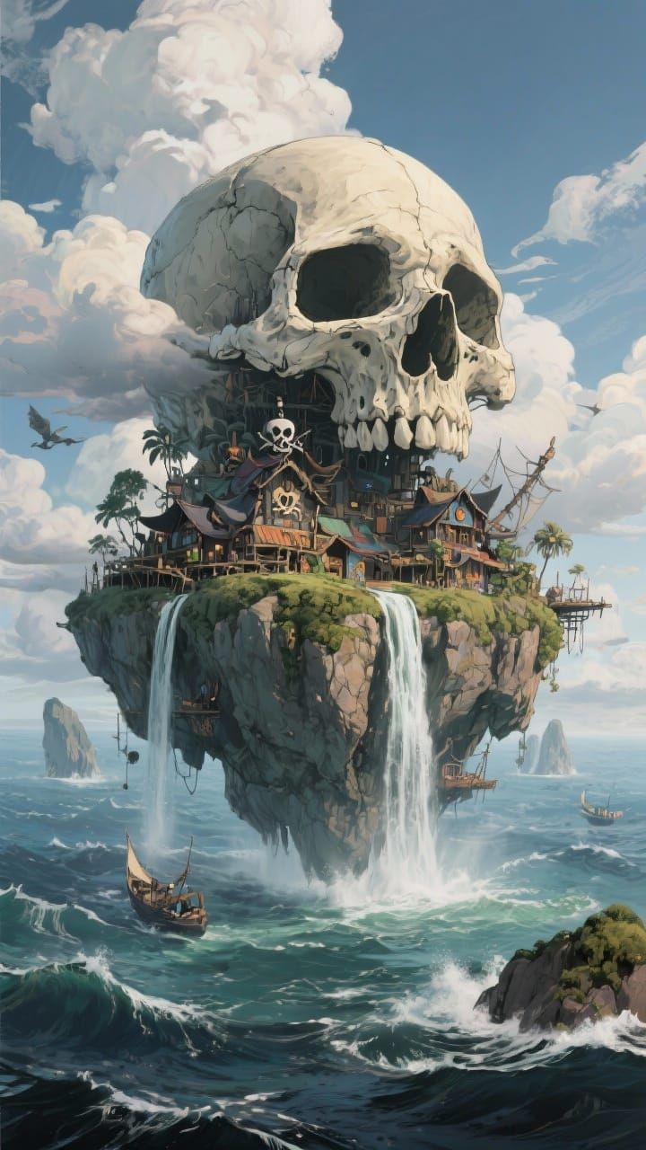 Pirate Skull Island Village Floating in Air