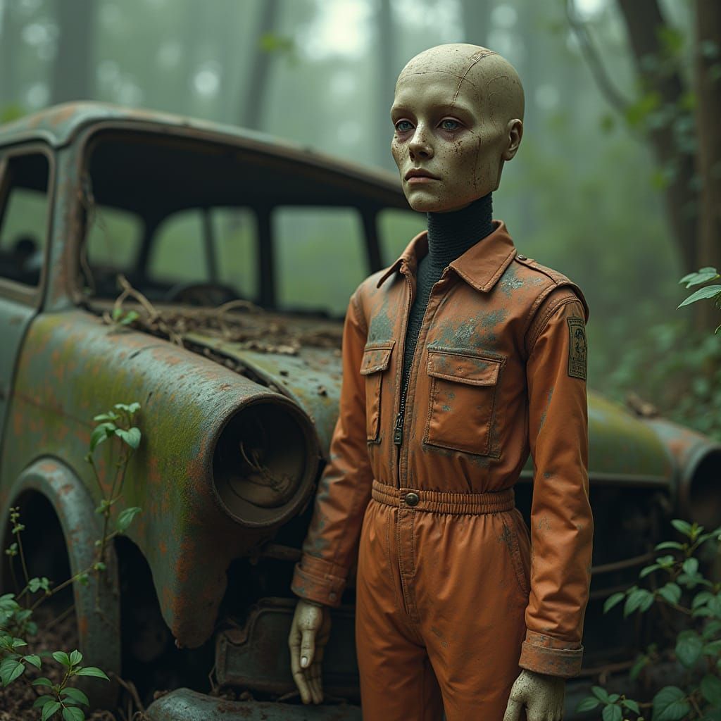 Hyperrealistic Crash Test Dummy in Abandoned Landscape