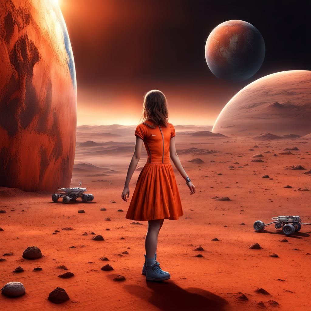 Girl Steps onto a Colorful Mars Planet