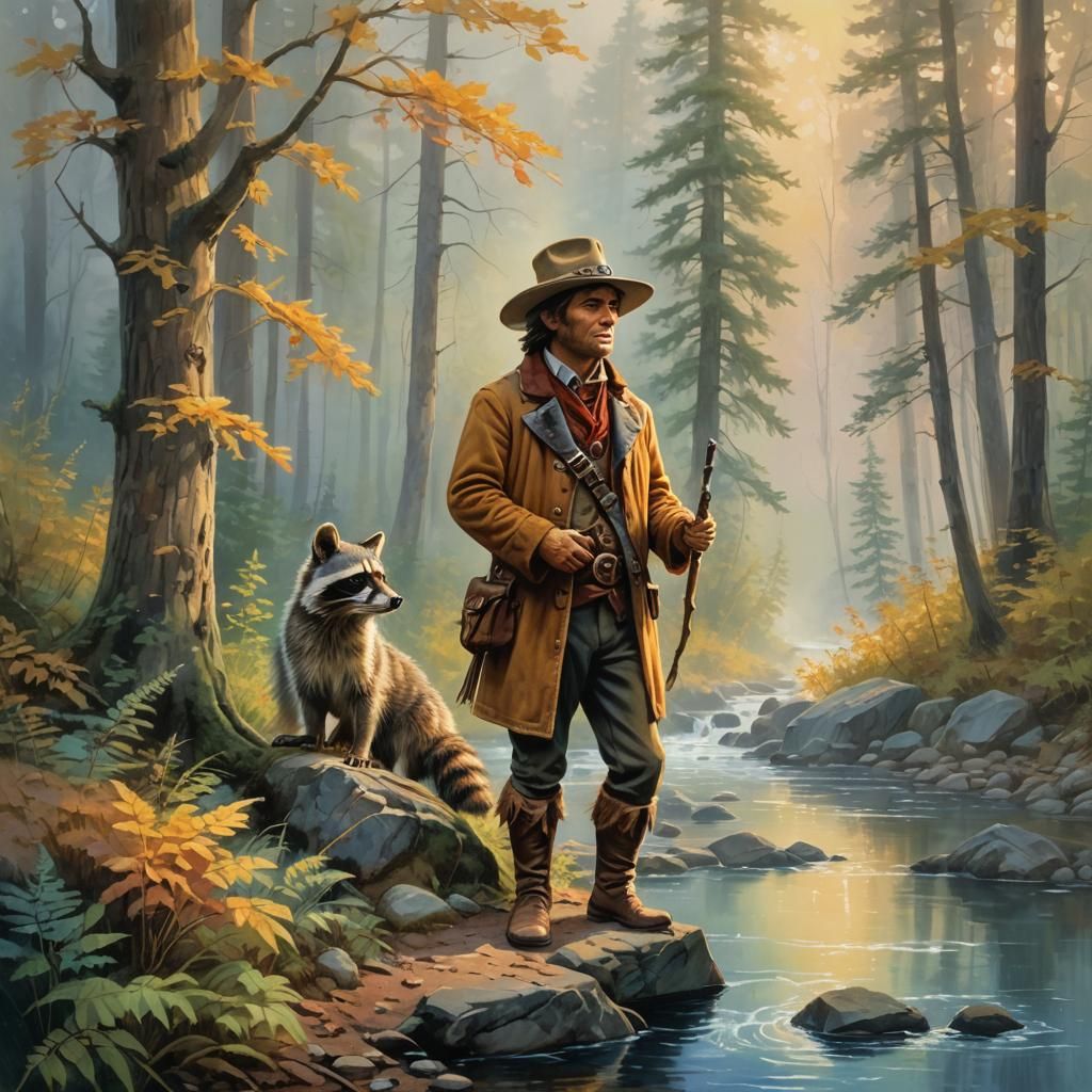 Davy Crockett in Misty Forest, Gouache Painting