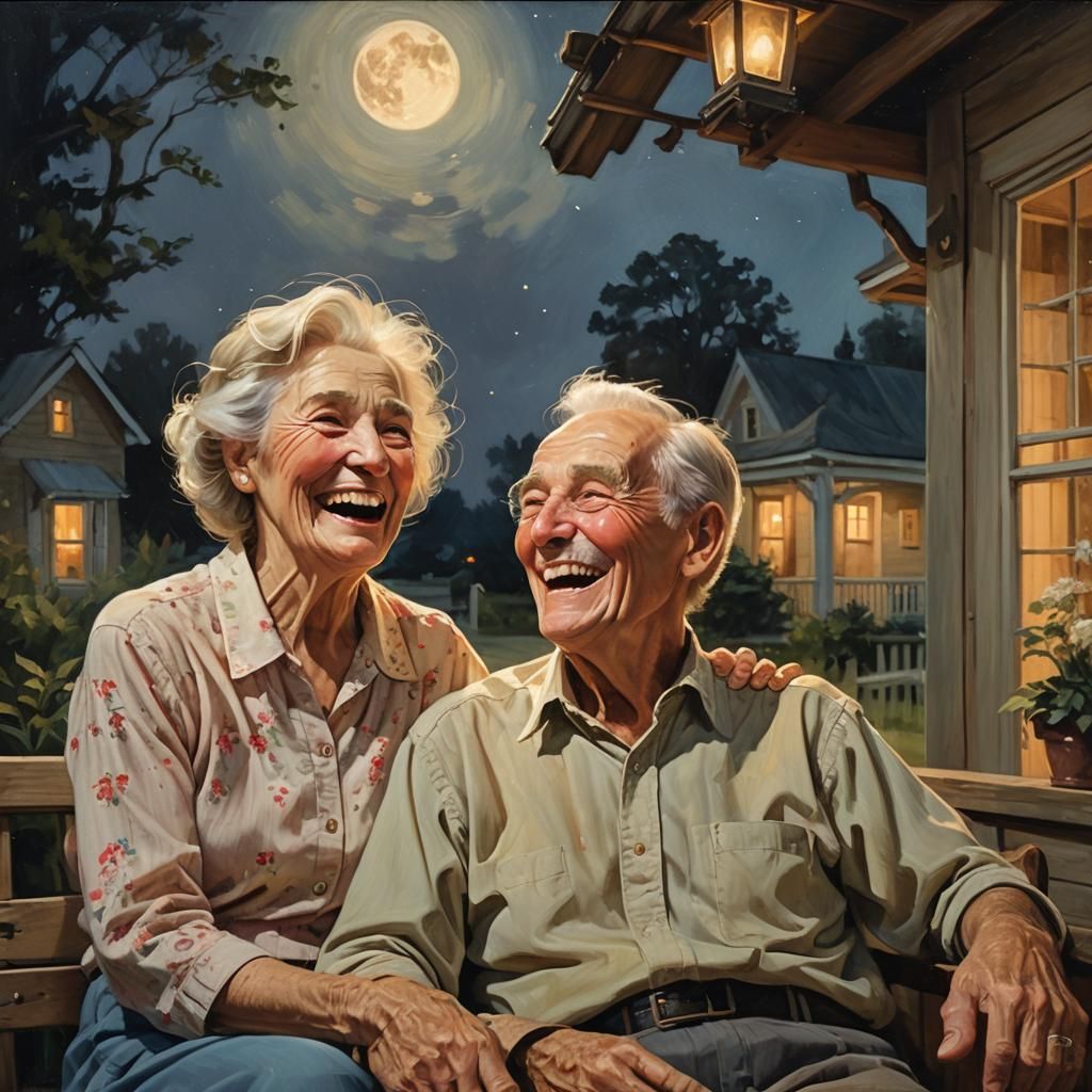 Romantic Moonlit Evening for Elderly Couple: Oil Painting
