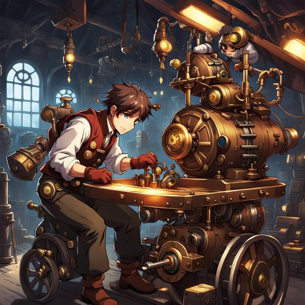 Steampunk Halfling in Iron Suit Building Wheeled Contraption