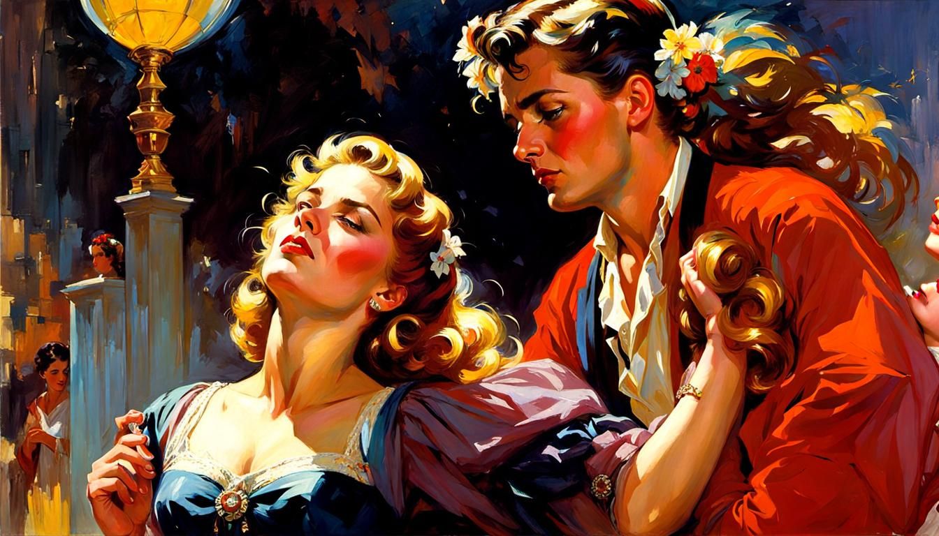 Romantic Embrace: A 1950s Inspired Illustration