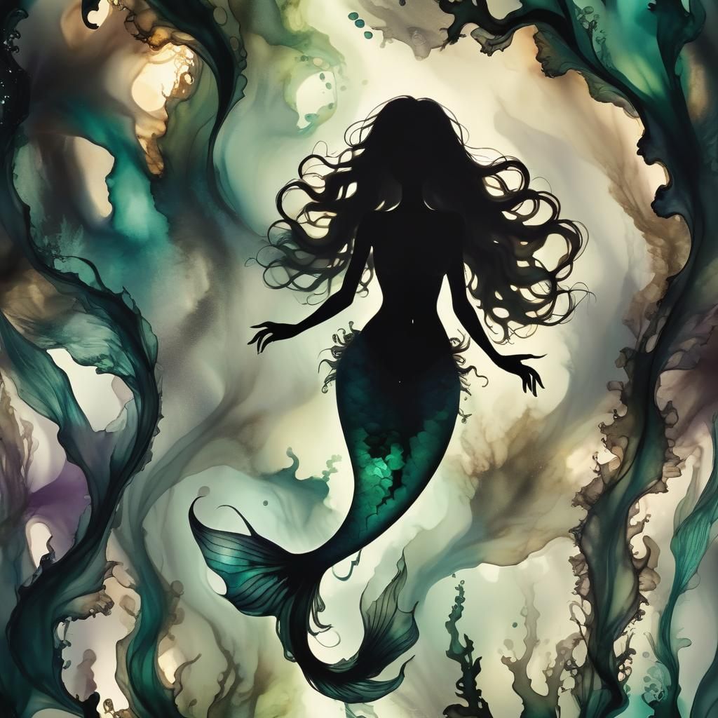Macabre Mermaid Silhouette in Abstract Alcohol Ink