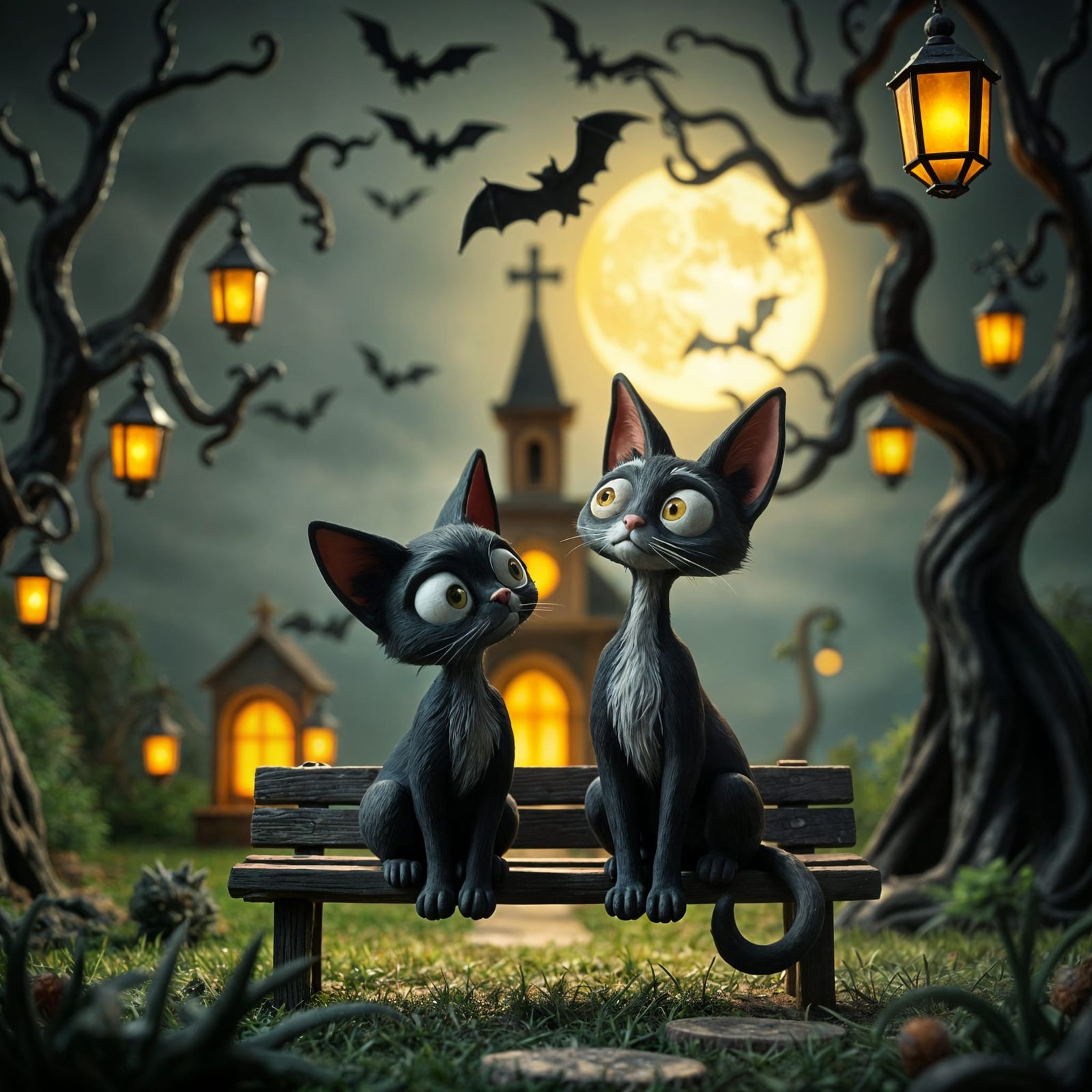 Whimsical Cats in Moonlit Garden Stop-Motion Style