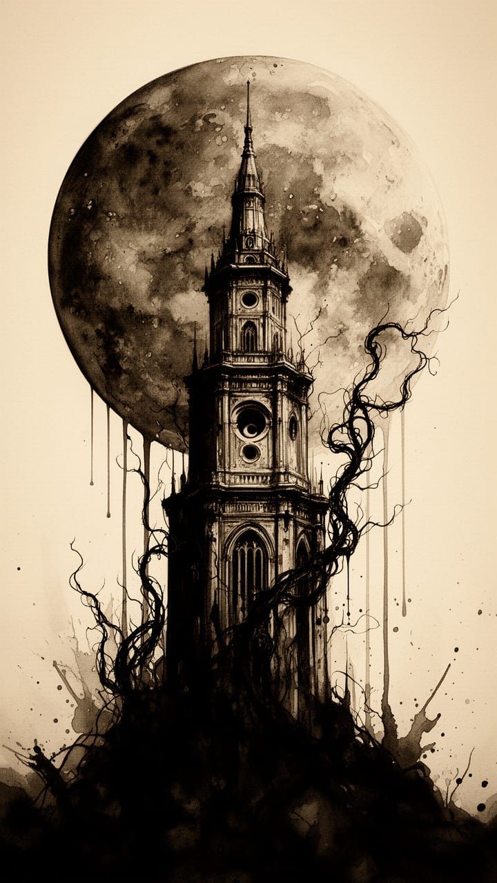 Gothic Tower Under a Textured Moon in Sepia Ink