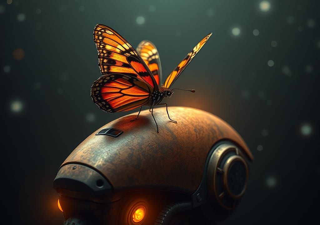 Butterfly Lands on Robot in Sci-Fi Space
