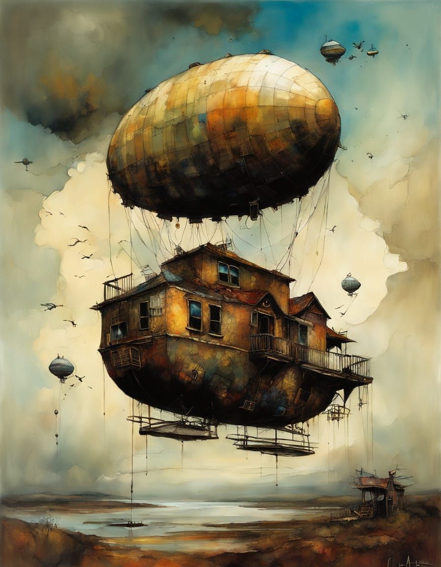 Surrealist Blimp Soars in Ethereal Sky