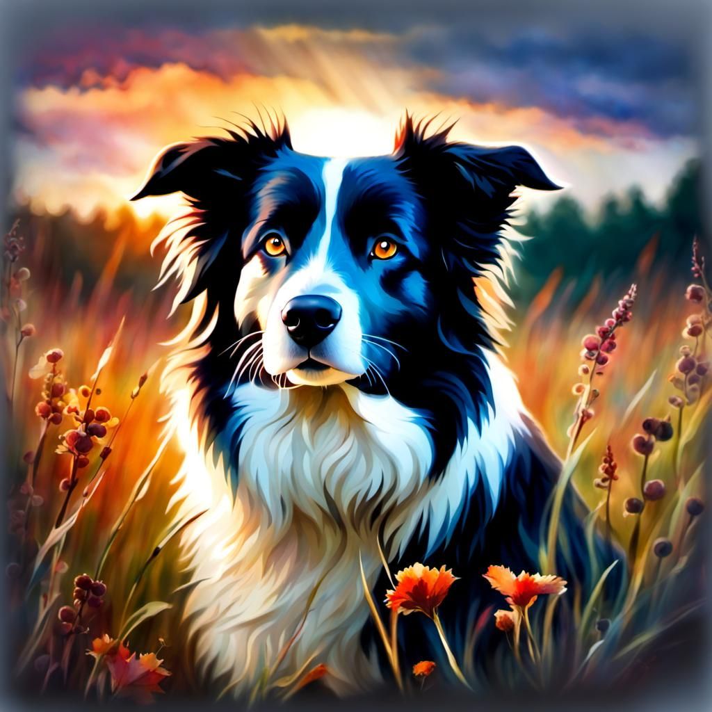 Border Collie Portrait with Autumn Flowers in Watercolor