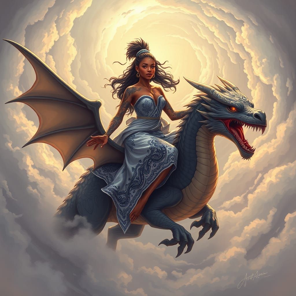 Stunning beauty all covered in Tanzanian tattoos riding a dragon