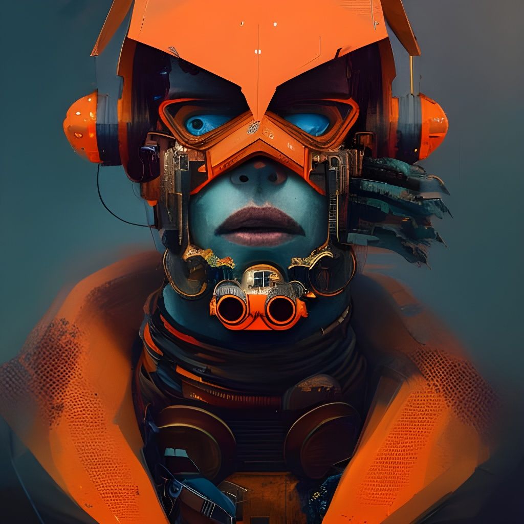 Cyberpunk Warrior Portrait in Origami-Orange Tech Wear