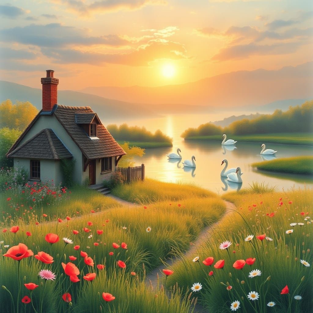 Tranquil Cottage Overlooking Serene Lake at Sunrise in Whims...