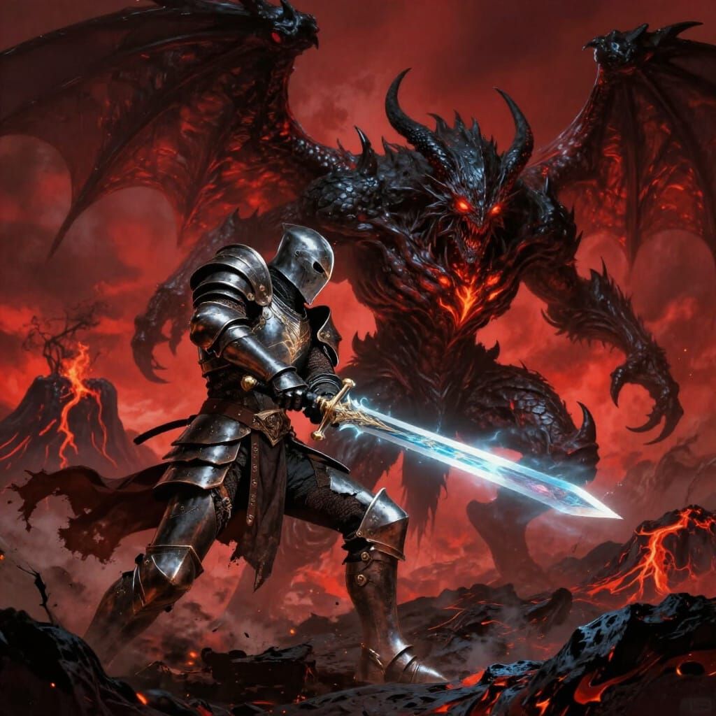 Spectral Knight Battles Winged Beast in Volcanic Hellscape