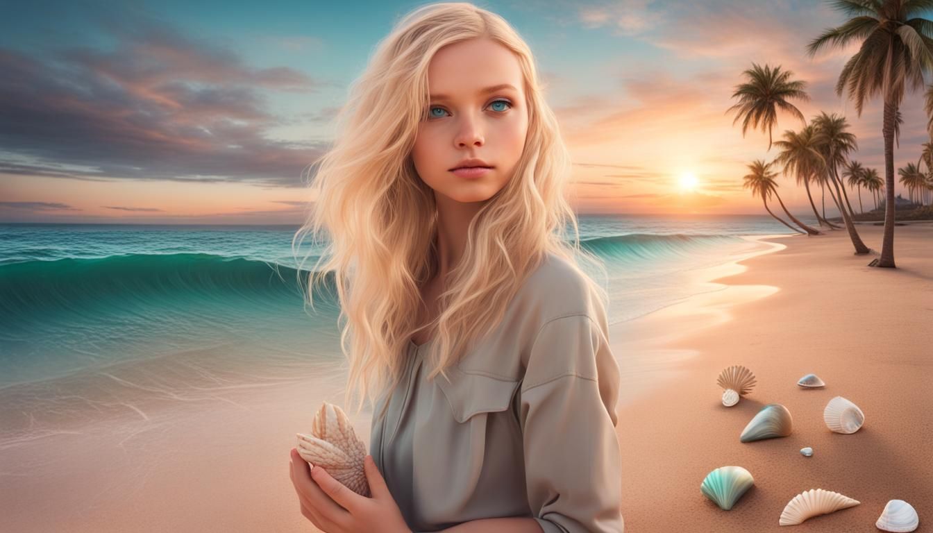 Futuristic Beach Scene with Blonde Girl and Sunset