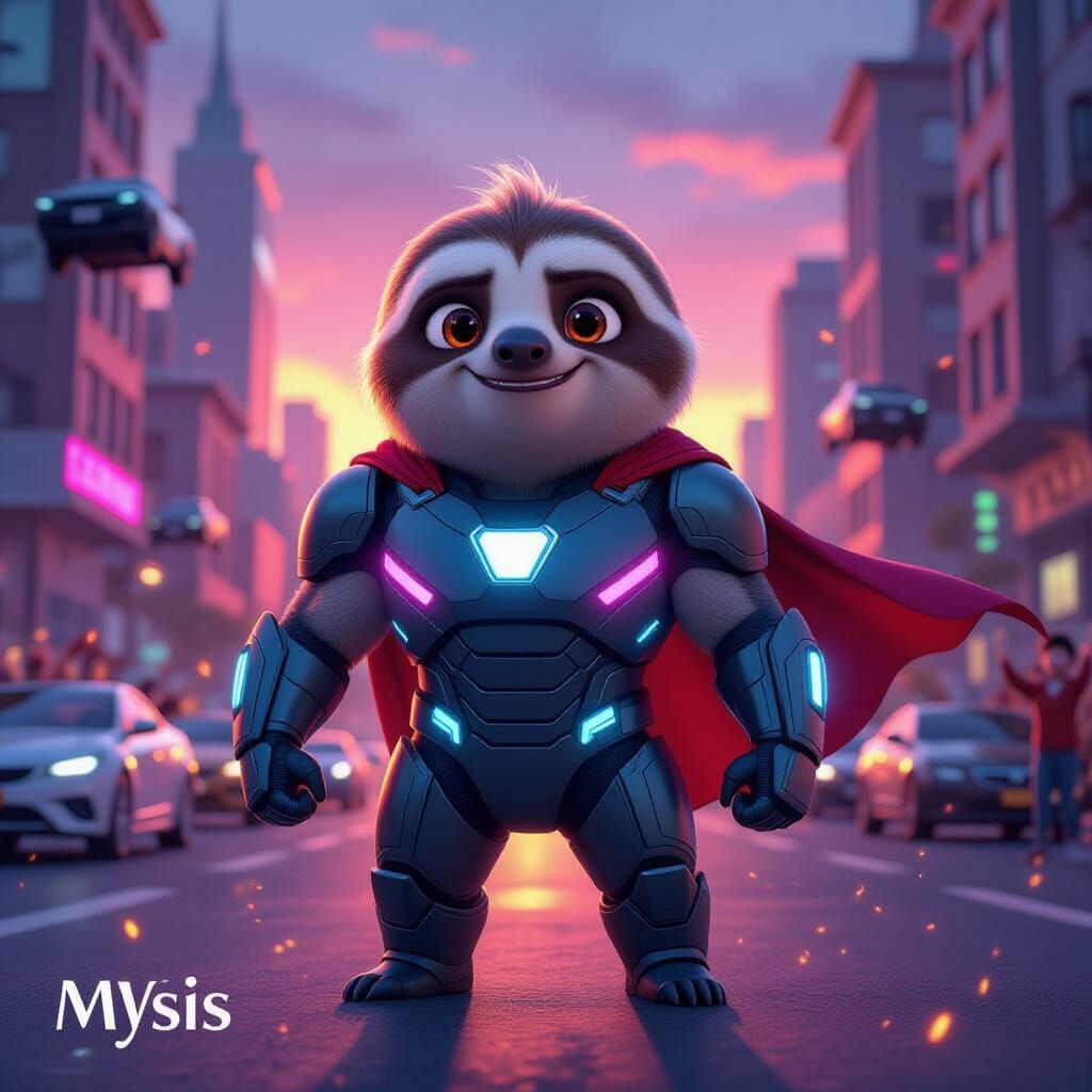 Pixar Sloth Superhero in Neon City