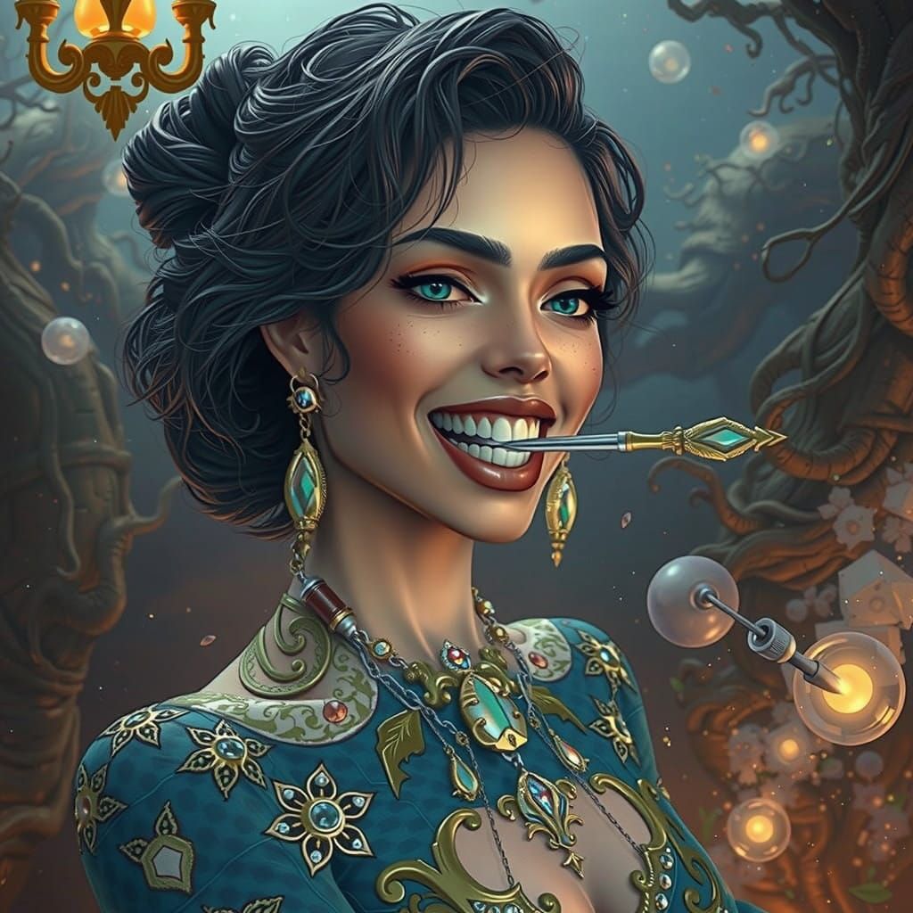 Mystical Woman Holds Rusty Tool with Mischief in Her Eyes