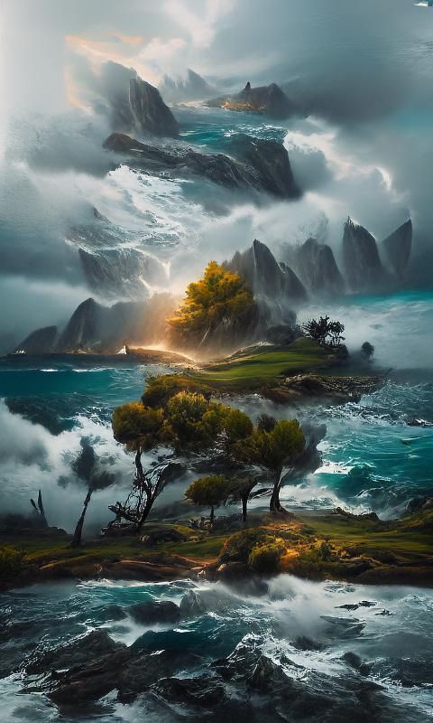 Stormy Island Seascape with Lightning and High Winds