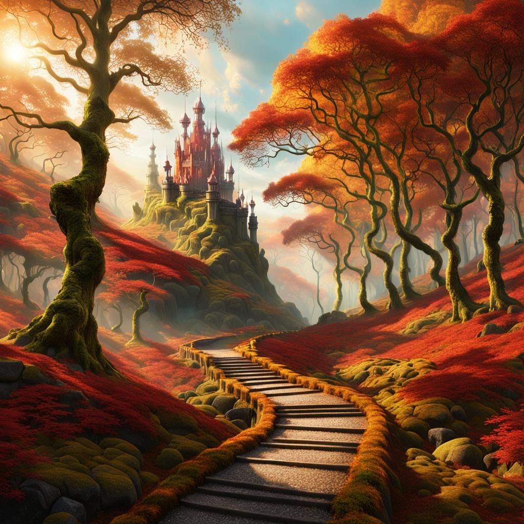 Golden Forest Path in Autumn Mist