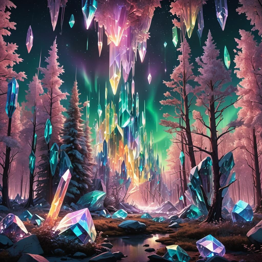 Iridescent Crystals in Aurora-Filled Futuristic Forest