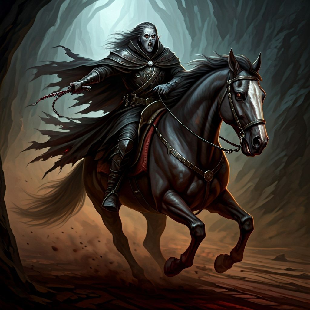 Desperate Drow Warrior Riding Through the Underdark
