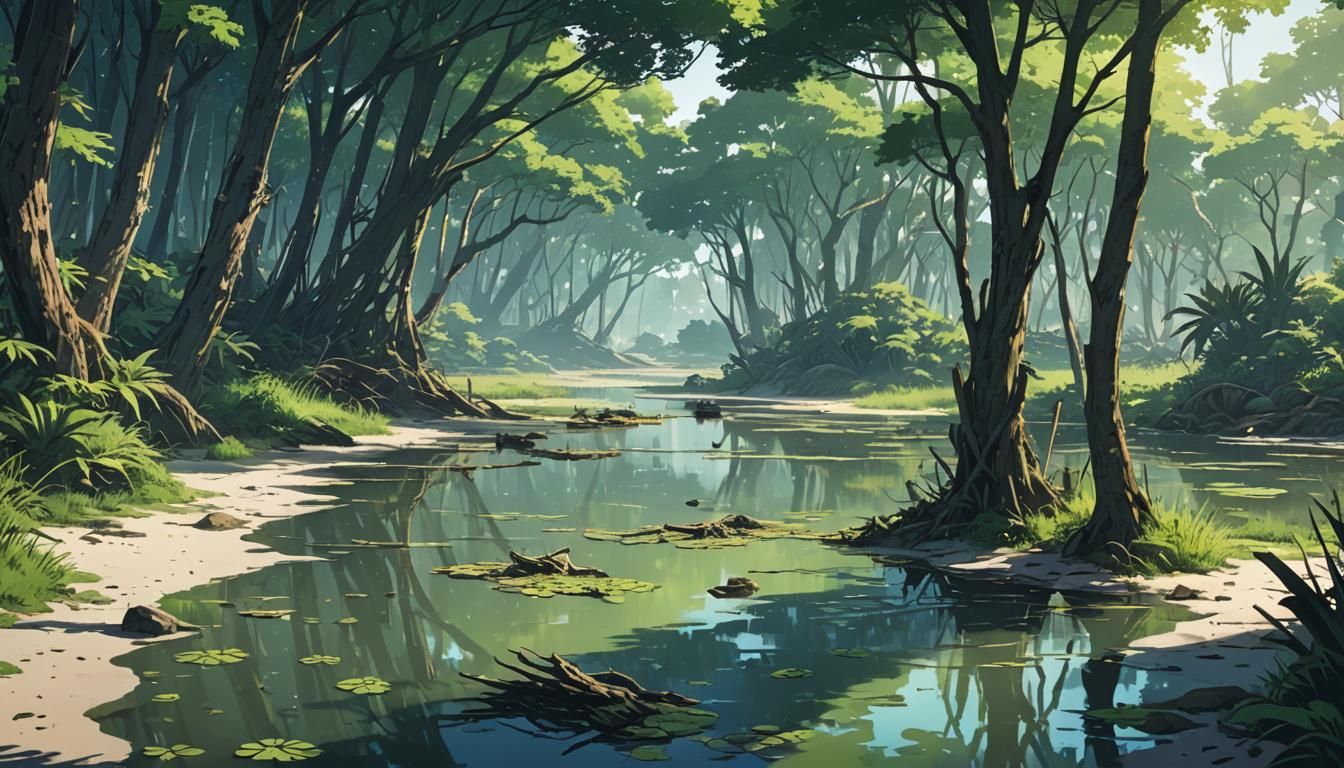 Anime Beach Meets Swamp in Cel-Shaded Style
