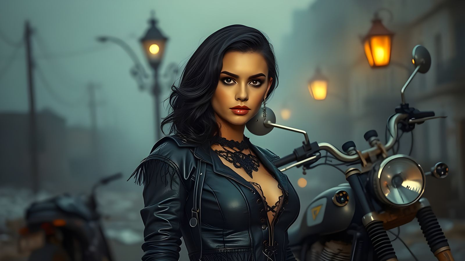Gothic Woman in Ruined City: Hyperrealistic Image