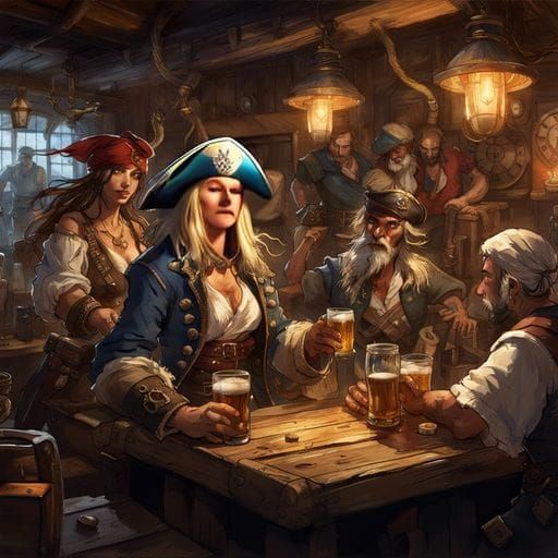 In a film of pirates, a tavern seems a party in costume