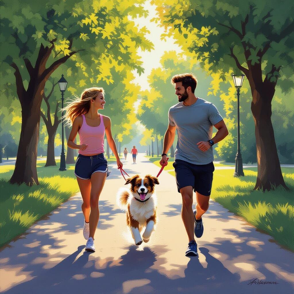 Joyful Park Run: Girl, Boy, and Dog in Golden Hour