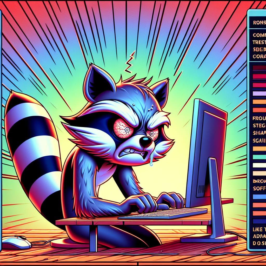 CGI cartoon raccoon stressed animal sitting at a computer