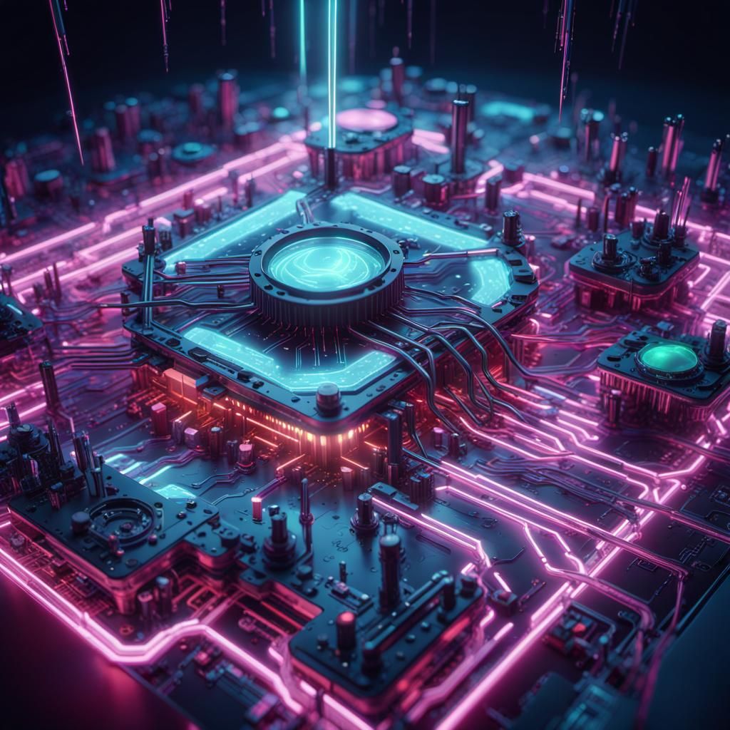 Cyberpunk Microchip World with Neon Circuits